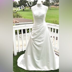 DEMETRIOS Beaded Ivory Satin Halter Neck Wedding Gown w Train Size 10 Dress